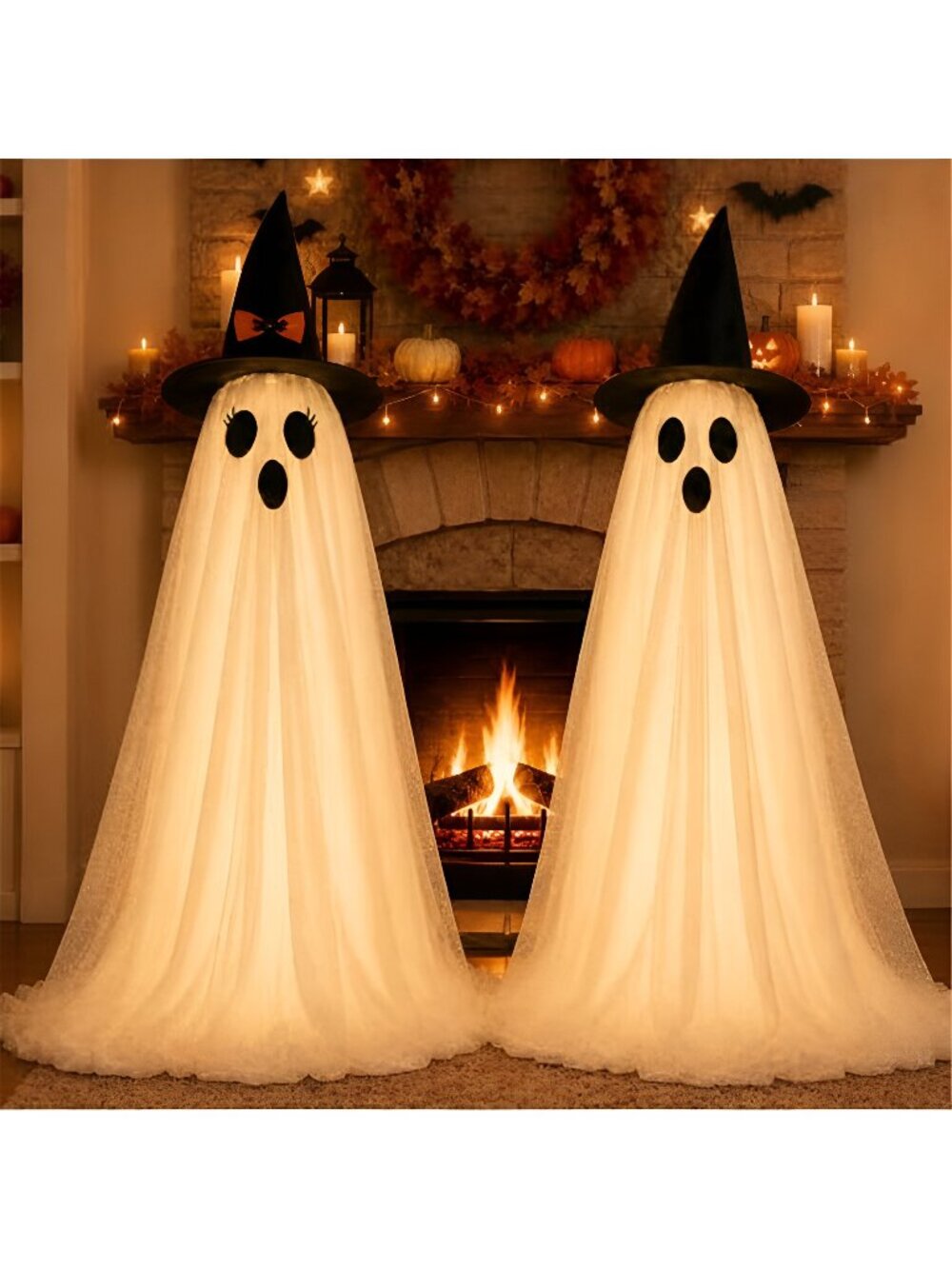 2 Pack Lighted Halloween Ghost Decorations with Witch Hats, Battery Operated